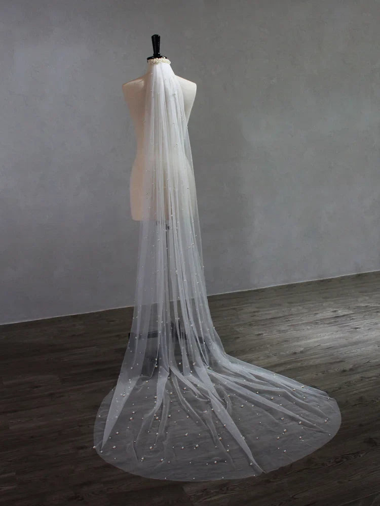 Pearl Long Bridal Veil White Lace Wedding Veils For Evening Dinner Party Dress Women Gift Hair Accessories Brides Jewelry a