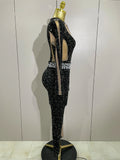 Sexy Sparkly Full Diamond Black Perspective Waist Cinching Asymmetrical Mesh Jumpsuit Birthday Party Nightclub Stage Costume