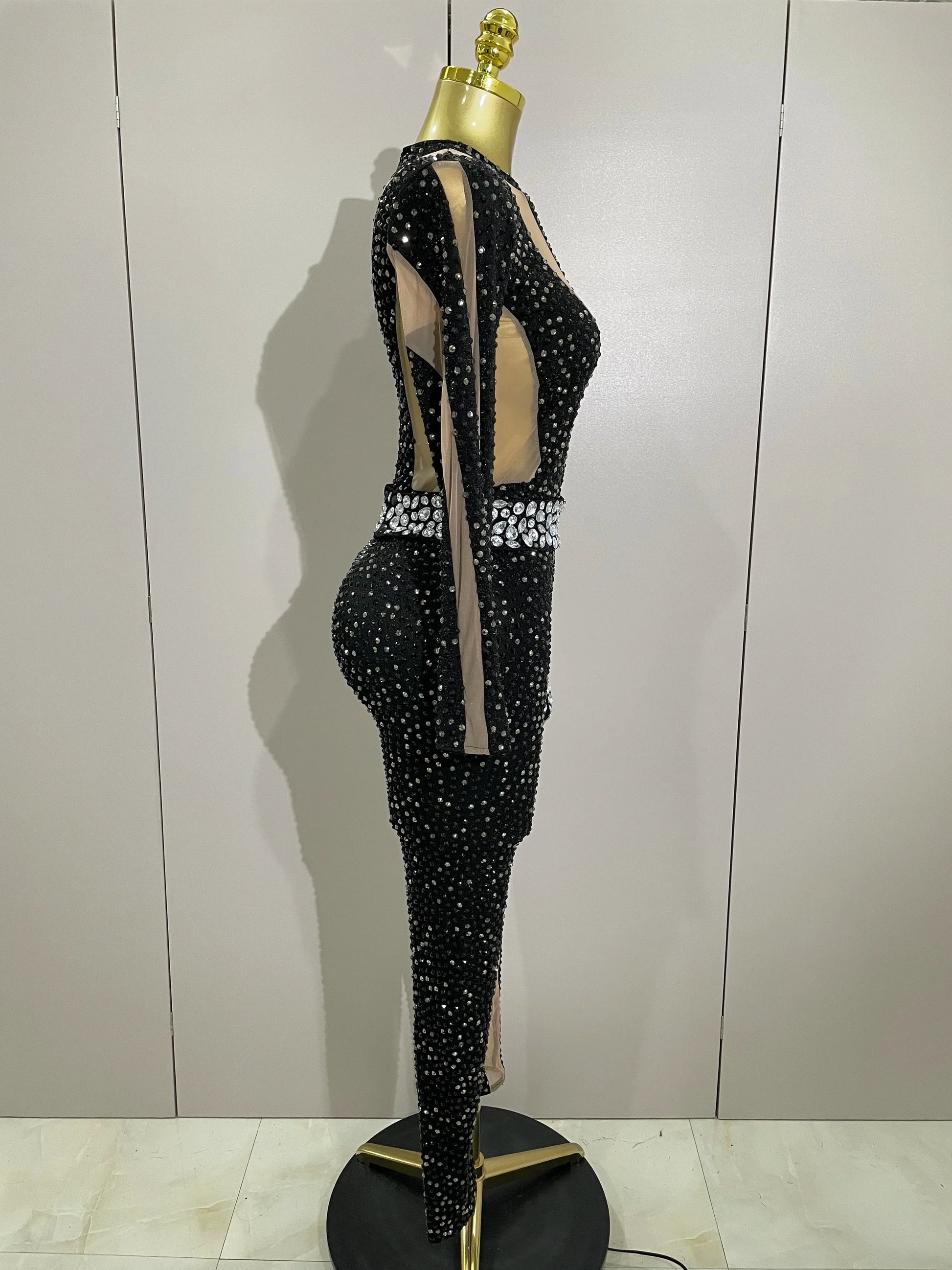 Sexy Sparkly Full Diamond Black Perspective Waist Cinching Asymmetrical Mesh Jumpsuit Birthday Party Nightclub Stage Costume