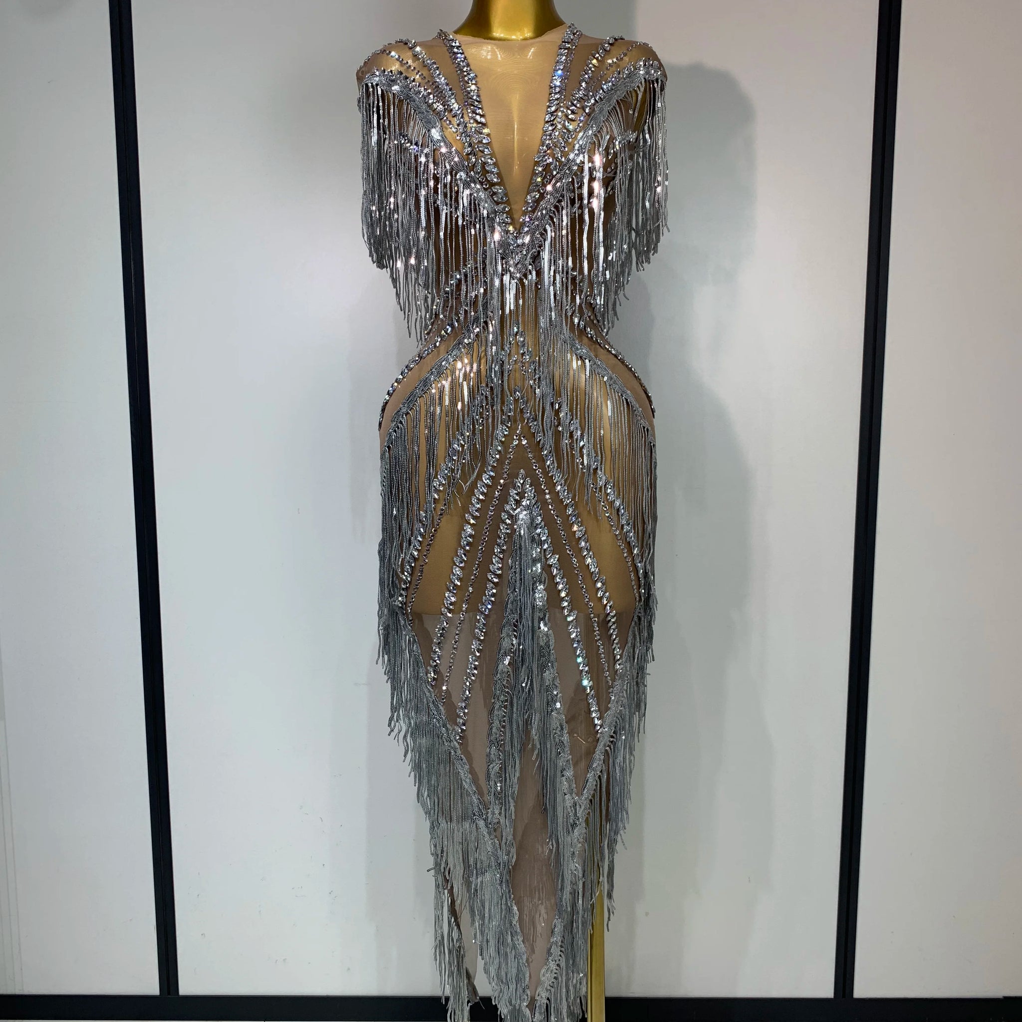 Luxury Sparkly Diamonds Tassels Sexy Mesh Sheer Long Dress Women Evening Birthday Party Nightclub Bar Festival Stage Costumes Silver