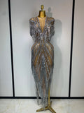 Luxury Sparkly Diamonds Tassels Sexy Mesh Sheer Long Dress Women Evening Birthday Party Nightclub Bar Festival Stage Costumes Silver