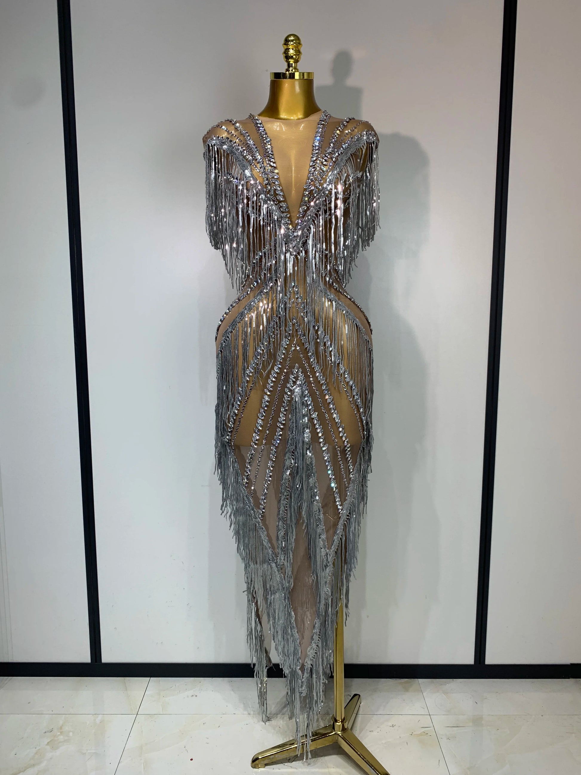 Luxury Sparkly Diamonds Tassels Sexy Mesh Sheer Long Dress Women Evening Birthday Party Nightclub Bar Festival Stage Costumes Silver