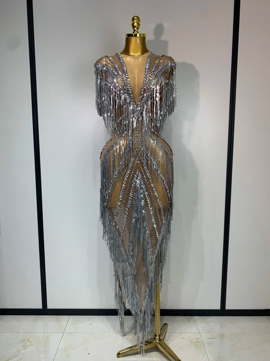 Luxury Sparkly Diamonds Tassels Sexy Mesh Sheer Long Dress Women Evening Birthday Party Nightclub Bar Festival Stage Costumes Silver