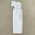 Black White Color Women Sexy One Shoulder Shinning Crystal Bodycon Long Bandage Dress Fashion Elegant Evening Party Outfit WHITE