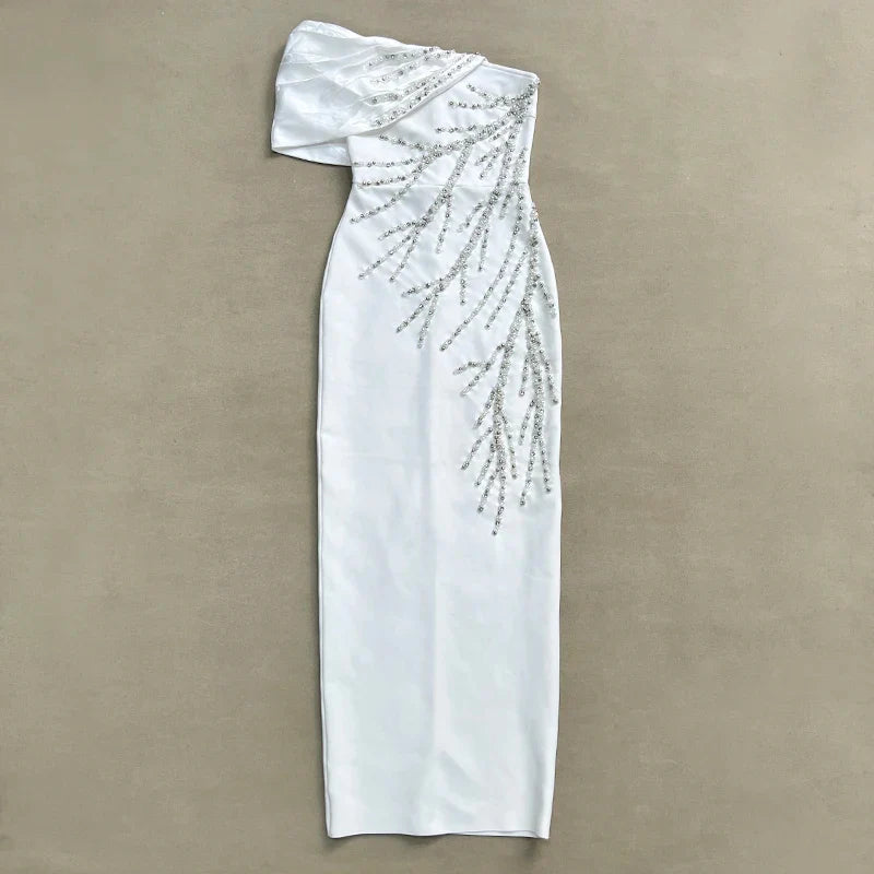 Black White Color Women Sexy One Shoulder Shinning Crystal Bodycon Long Bandage Dress Fashion Elegant Evening Party Outfit WHITE
