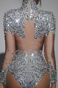Silver Gold Color Women Long Sleeve Shinning Sequins Bodycon Bodysuit High Stretch Performance Costume Stage Wear