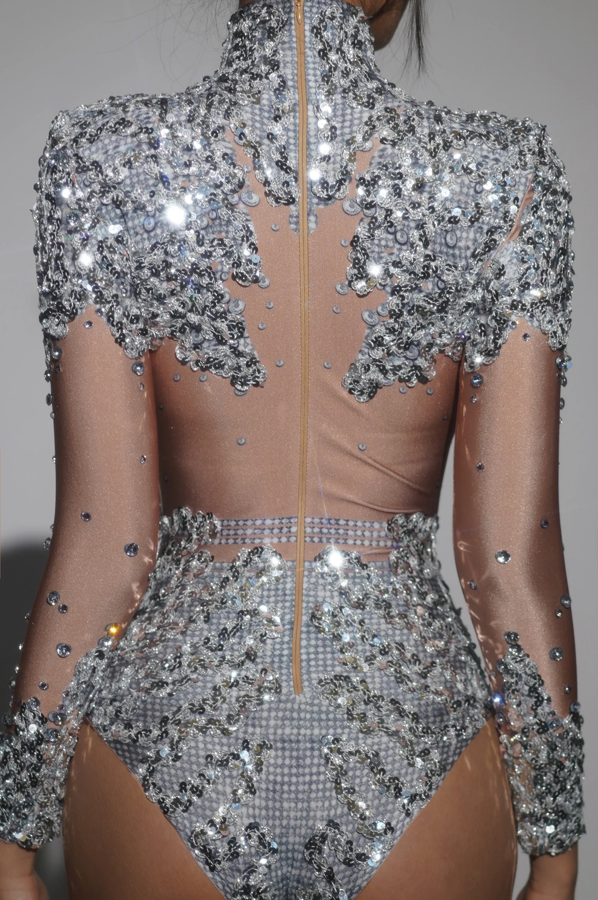 Silver Gold Color Women Long Sleeve Shinning Sequins Bodycon Bodysuit High Stretch Performance Costume Stage Wear