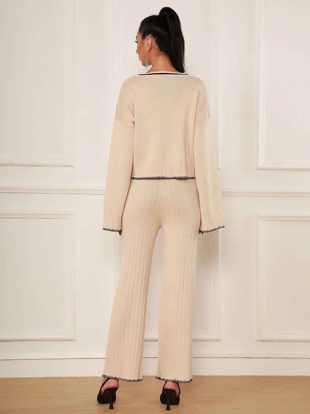 Spring Casual Women's Knitted Pants Set O-neck Long Sleeve Hoodie Loose Knitted Shirt+Straight Pants Two Piece Set