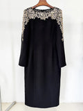 Luxury Black Red Color Women Long Sleeve Beading Handmake Slim Mid-calf Dress Elegant Evening Party Cocktail Outfit Vestido