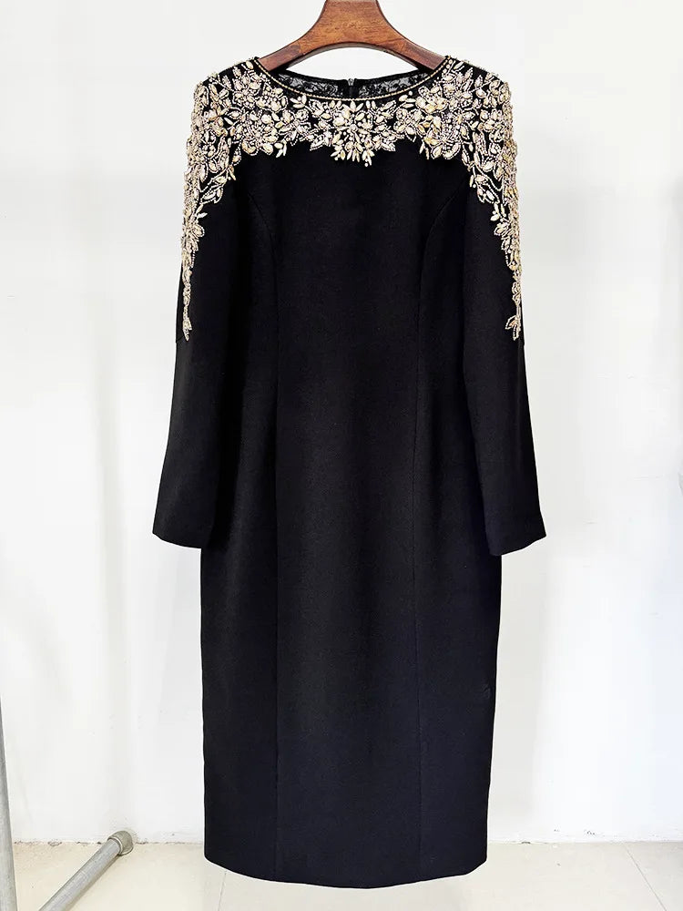 Luxury Black Red Color Women Long Sleeve Beading Handmake Slim Mid-calf Dress Elegant Evening Party Cocktail Outfit Vestido
