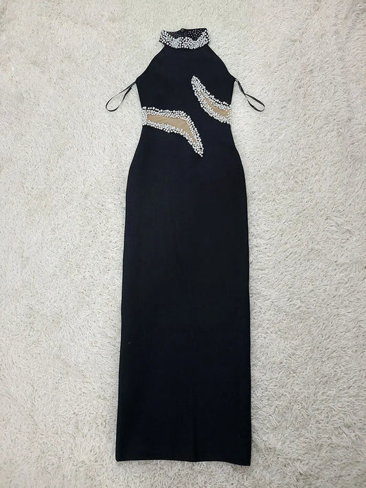 Elegant Women's Light Luxury Nail Bead Patchwork Design Bandage Dress O-Neck Sleeveless Bodycon Long Dresses Party Vestidos black