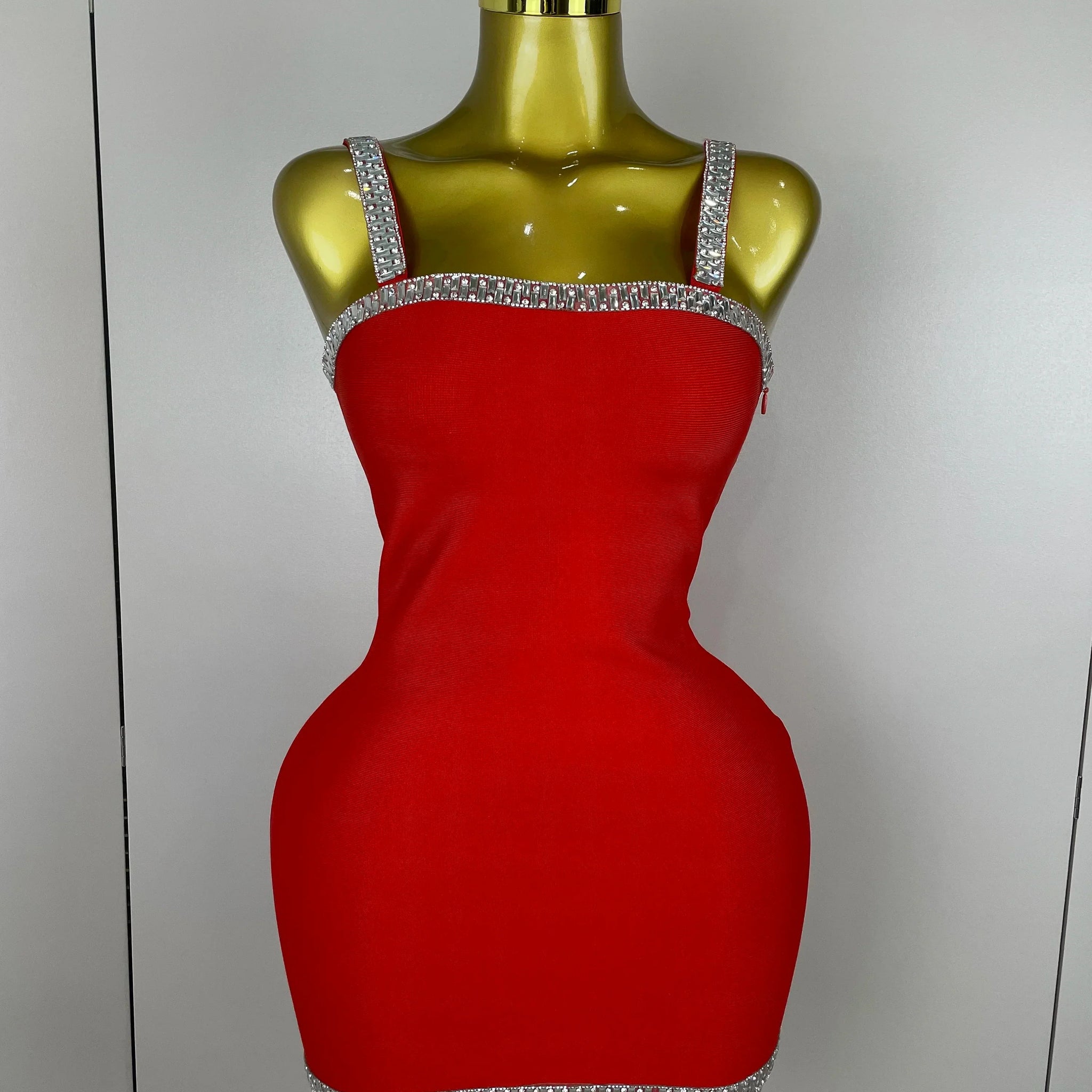 Women Celebrity Luxury Sexy Summer Square Collar Red Crystal Mini Bandage Dress Knitted Elegant Evening Club Party Outfit Red