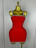 Women Celebrity Luxury Sexy Summer Square Collar Red Crystal Mini Bandage Dress Knitted Elegant Evening Club Party Outfit Red
