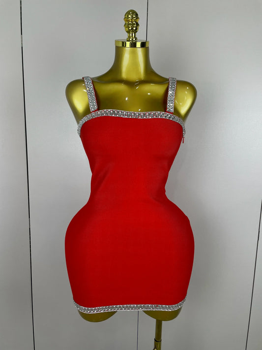 Women Celebrity Luxury Sexy Summer Square Collar Red Crystal Mini Bandage Dress Knitted Elegant Evening Club Party Outfit Red