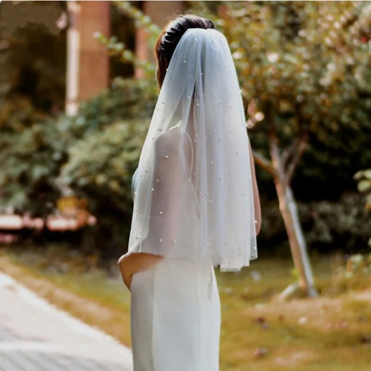 1 Layer Pearl Bridal Veil Elbow Length Wedding Veil with Metal Comb Black 350cm