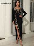 2024 Women's Heavy Industry Nail Bead Design Bandage Dress V-neck Long Sleeve Bodycon Split Length Dresses Club Party Vestido