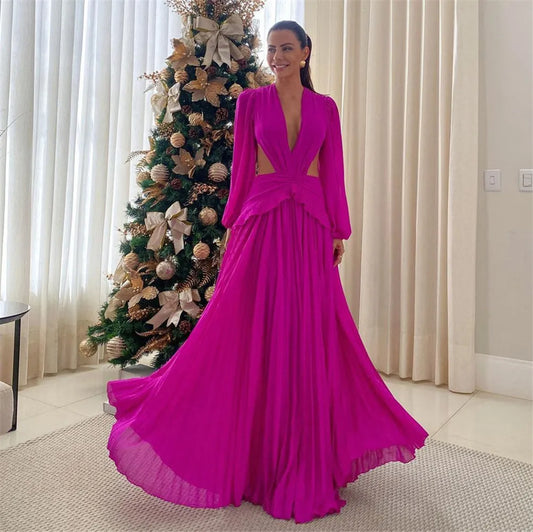 Elegant Chiffon Prom Dress Deep V-Neck Long Sleeves Backless Formal Evening Dress Floor Length Party Gowns Fuchsia