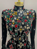 Sexy Sparkle Multicolor Rhinestones Black Velvet Gloves Slit Short Dress Women Evening Birthday Party Club Stage Costume