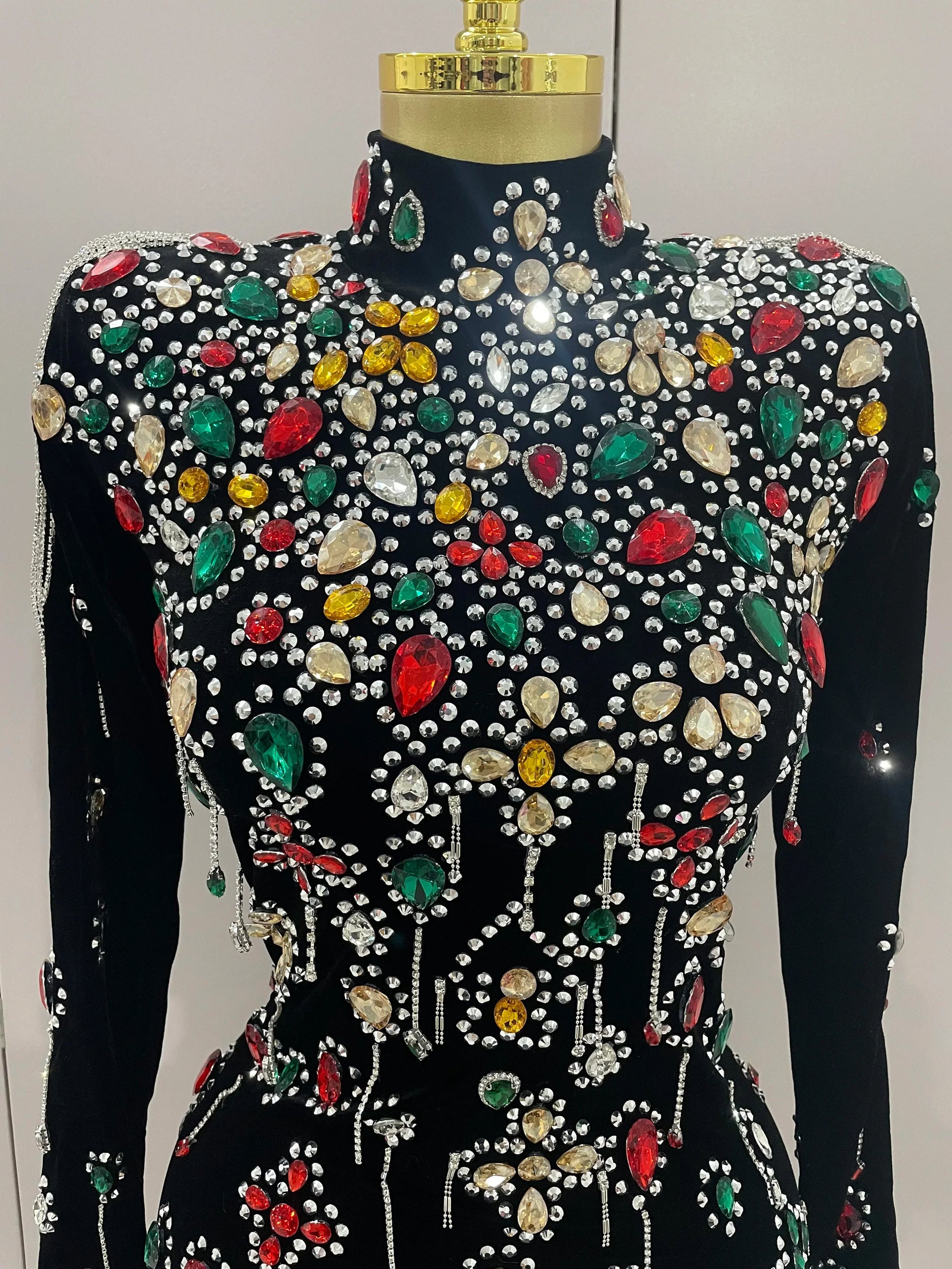 Sexy Sparkle Multicolor Rhinestones Black Velvet Gloves Slit Short Dress Women Evening Birthday Party Club Stage Costume