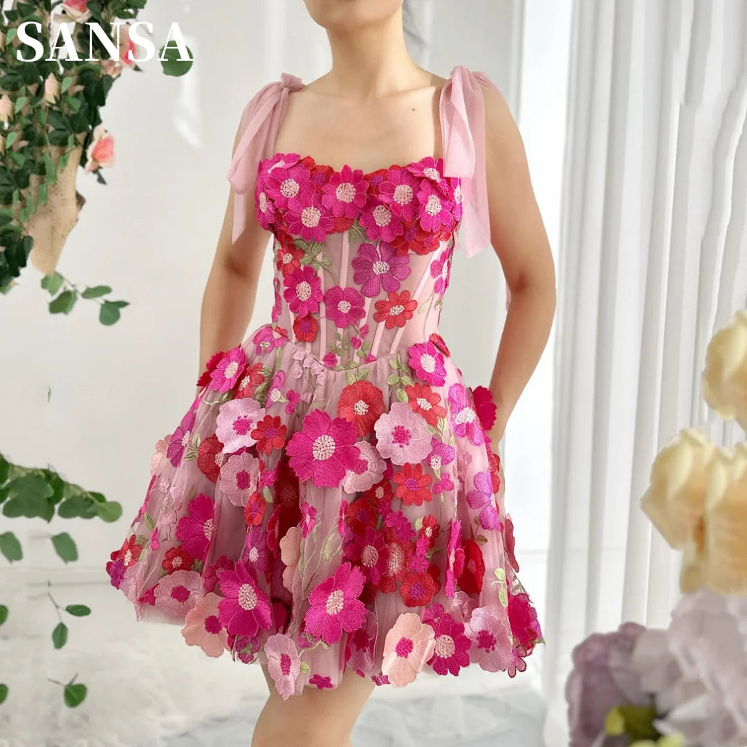 Sansa Sweet Fuchsia Flower Mini Prom Dress Princess 3D Lace Short فساتين السهرة Short A-line Vestidos De Noche With Pocket