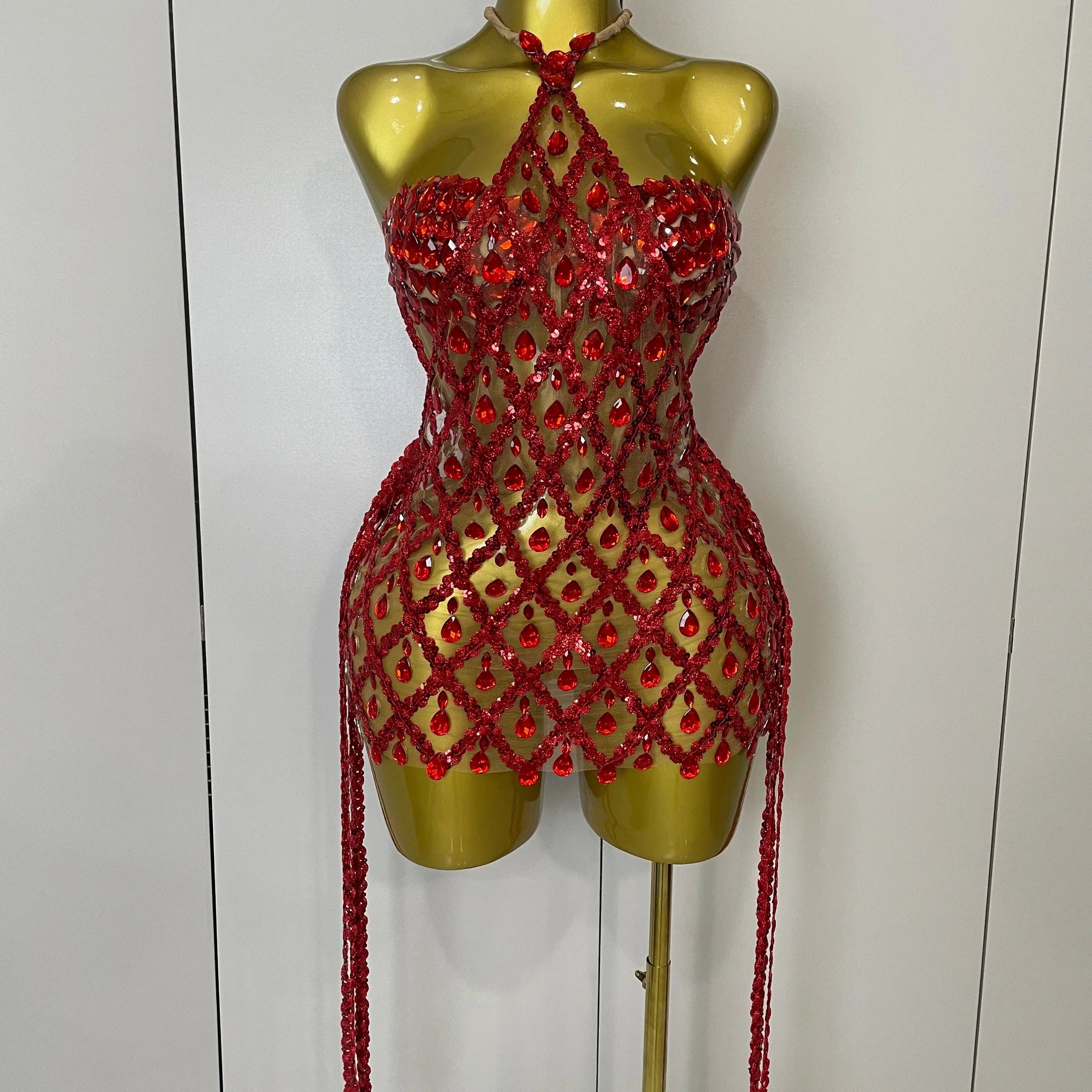 Sparkly Sequin Diamond MeshTransparent Top Dress Two Piece Set Women Sexy Evening Party Celebrate Birthday Photo Shoot Wear Red