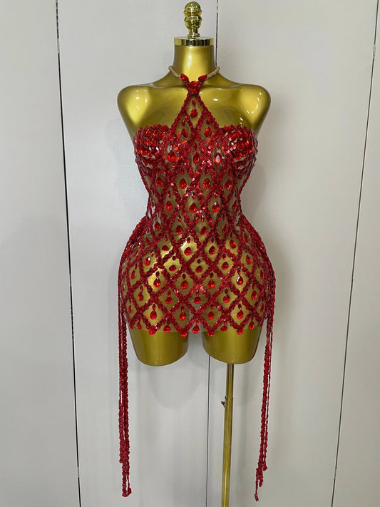 Sparkly Sequin Diamond MeshTransparent Top Dress Two Piece Set Women Sexy Evening Party Celebrate Birthday Photo Shoot Wear Red