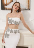 Sexy Women Nail Diamond Flower Design Bandage Long Dress Set Strapless Sleeveless Diamond Set Tank Top+Skirt Two Piece Set