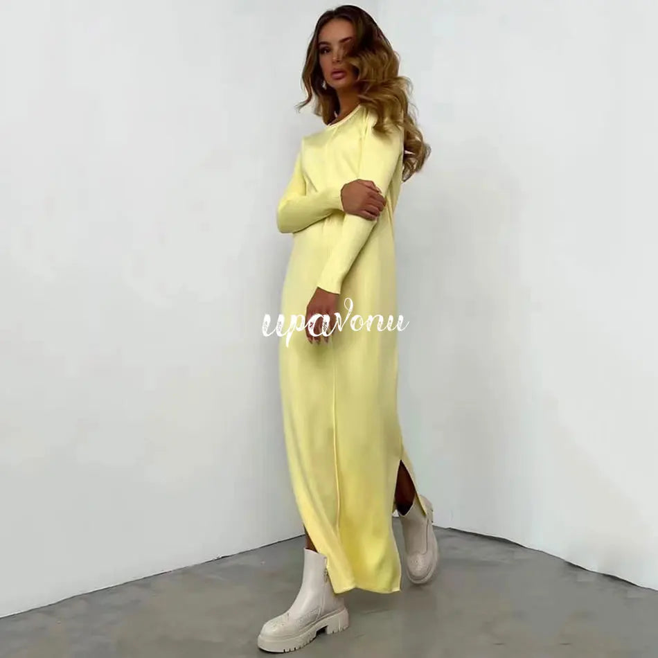 2024 Casual Midi Knit Dress Women's O-neck Long Sleeve Split Straight Dresses 2023 Autumn Pure Color Knit Vestidos