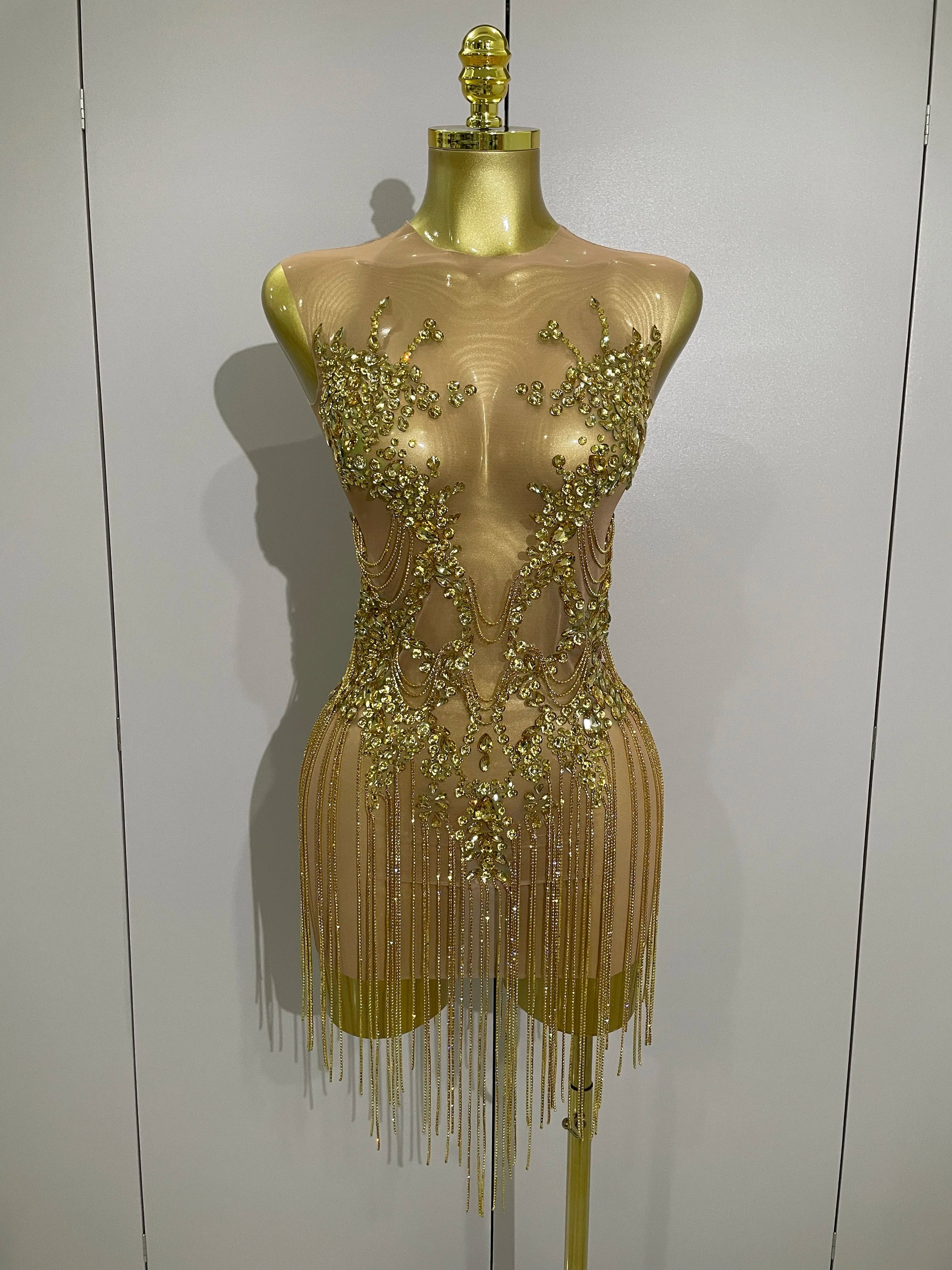 Luxury Sparkly Rhinestones Chain Sleeveless Mini Dress Women Sexy  Performance Dance Nightclub Outfit Birthday Party Dress