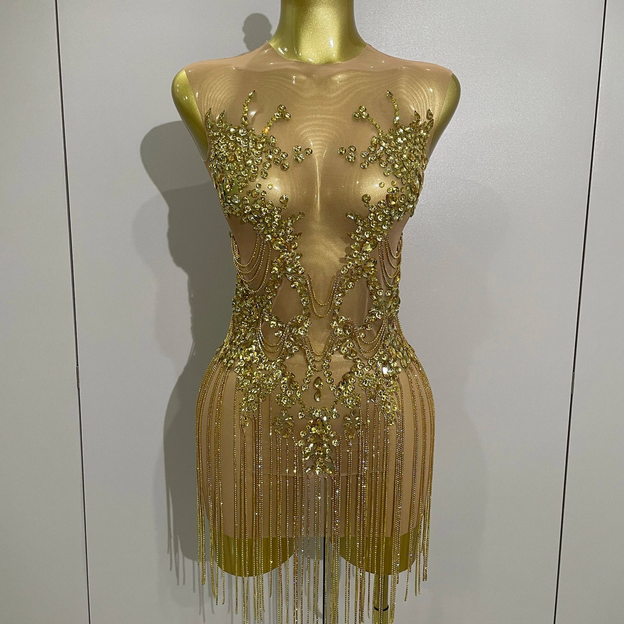 Luxury Sparkly Rhinestones Chain Sleeveless Mini Dress Women Sexy Performance Dance Nightclub Outfit Birthday Party Dress Gold