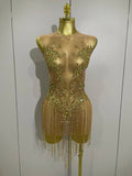 Luxury Sparkly Rhinestones Chain Sleeveless Mini Dress Women Sexy Performance Dance Nightclub Outfit Birthday Party Dress Gold