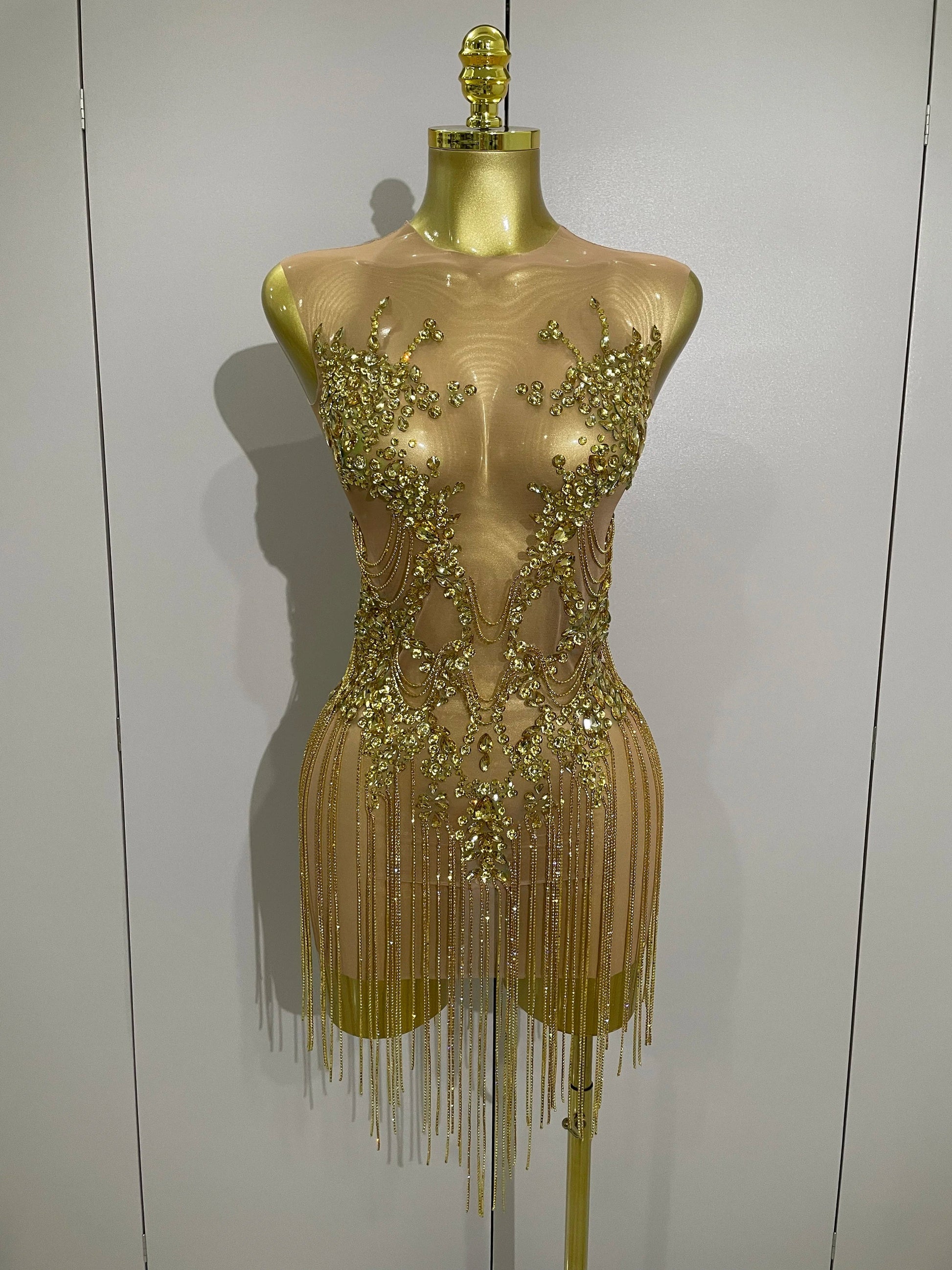 Luxury Sparkly Rhinestones Chain Sleeveless Mini Dress Women Sexy Performance Dance Nightclub Outfit Birthday Party Dress Gold