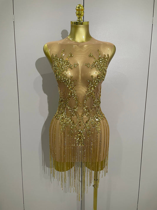 Luxury Sparkly Rhinestones Chain Sleeveless Mini Dress Women Sexy Performance Dance Nightclub Outfit Birthday Party Dress Gold