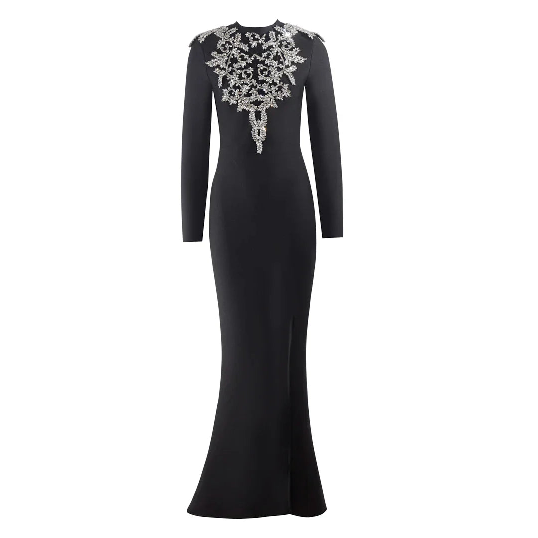 Top Quality Sparkly Crystal Women Long Sleeve Sexy O-Neck Bodycon Long Bandage Dress Celebrate Elegant Evening Party Outfit