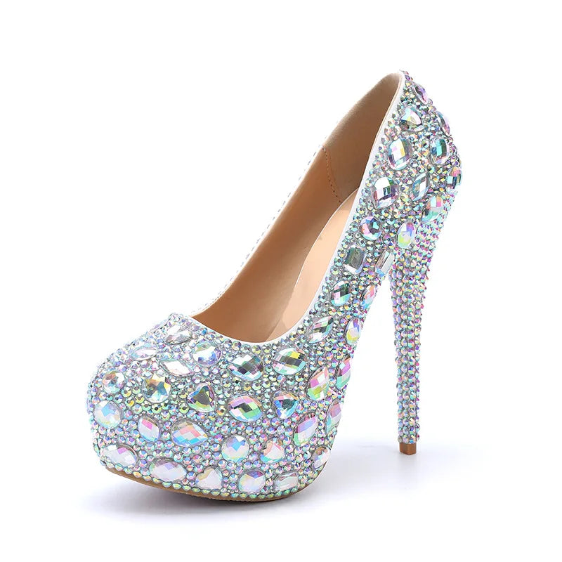 Bling Bling Luxury Rhinestones Diamond Women Pumps 14cm Ultra High heels Platform Wedges Party Shoes Fashon Wedding Bridal Shoe AB Colors