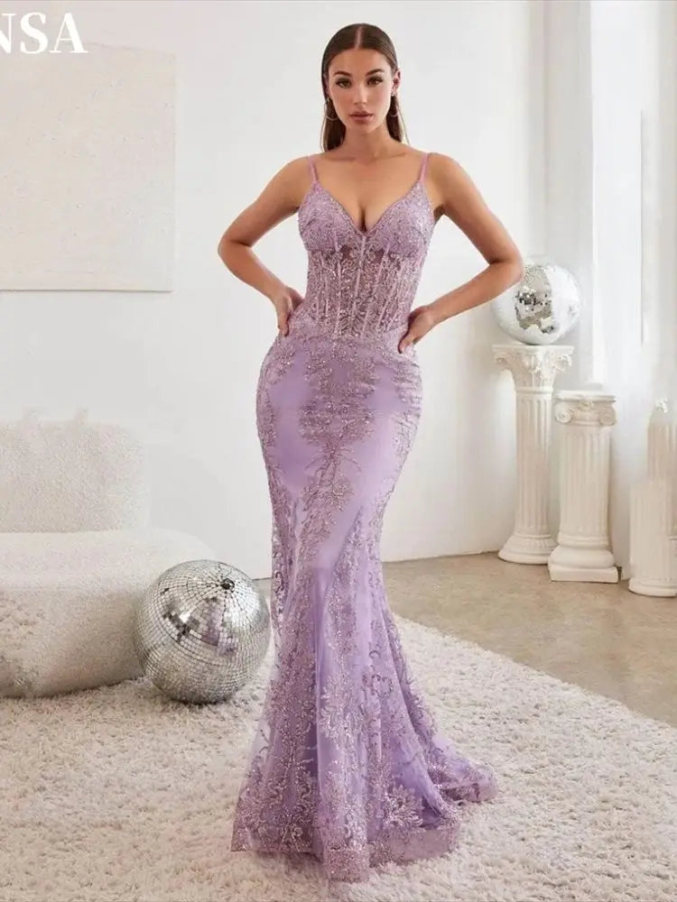 Sexy Sequins Lace فساتين السهرة Embroidery Fishtail Vestidos De Noche Romantic Spaghetti Strap Mermaid Prom Dresses As Picture