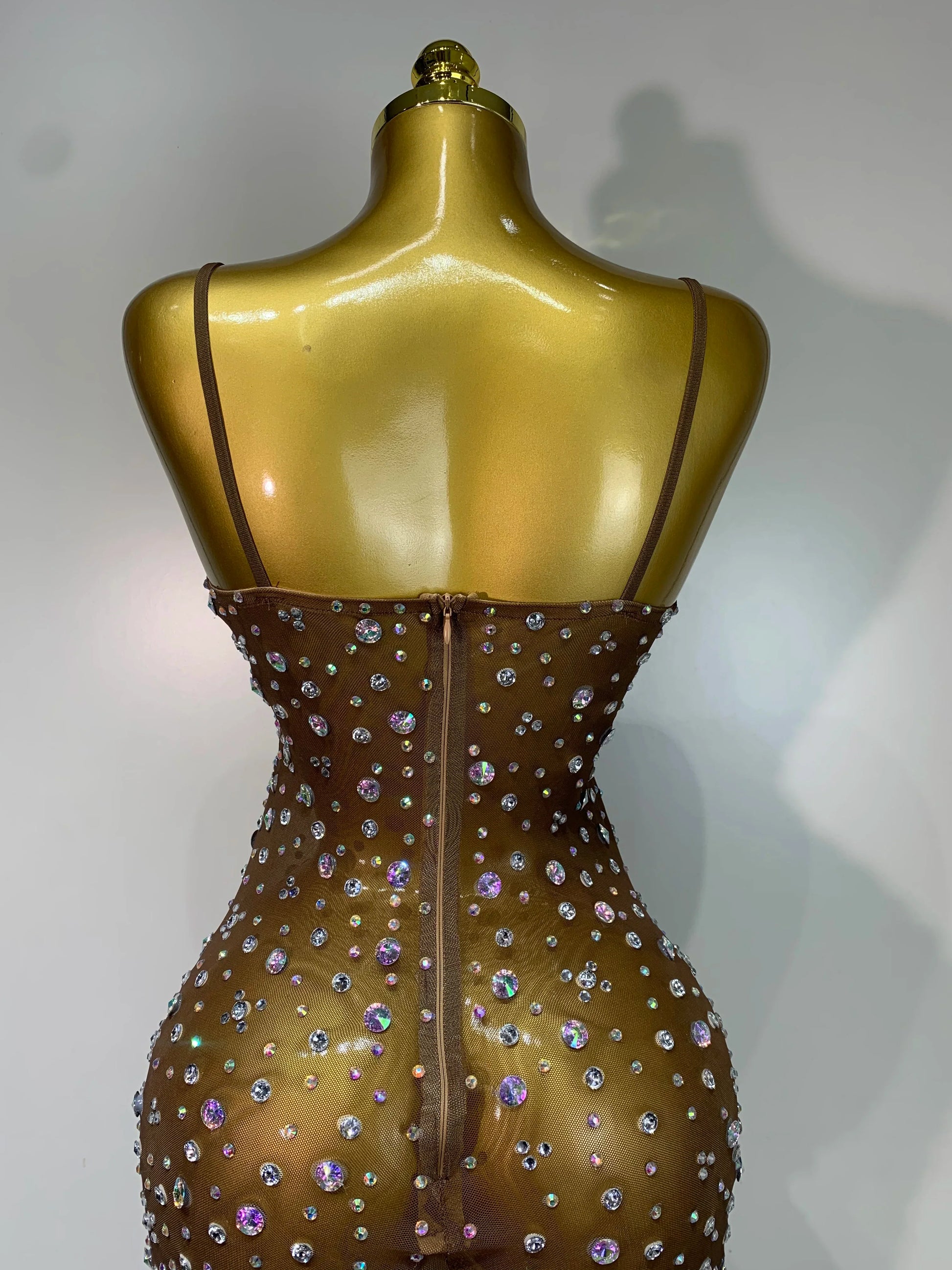 Sparkly Rhinestone Stretchy Mesh See Through Dress Women Performance Dancer Costume Luxury Birthday Nightclub Stage Outfit