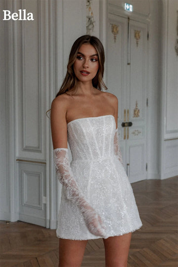 Bella White Mini Prom Dresses Strapless Glitter Lace Appliques Wedding Dress Elegant Lace-up Back Vestidos De Fiesta 2024