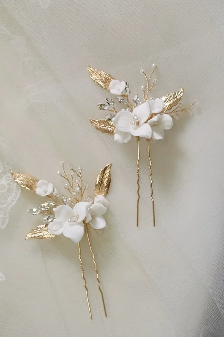 Vintage Gold Silver Color Hair Pin Clip Porcelain Flower Leaf Head Pieces For Brides Hairpins Wedding Accessories Bridal Jewelry a
