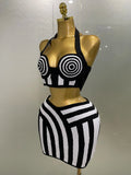Women Celebrity Sexy Jacquard Black White Two Piece Bodycon Striped Bandage Skirt Set Designer Evening Party Dress