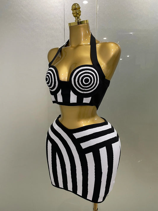 Women Celebrity Sexy Jacquard Black White Two Piece Bodycon Striped Bandage Skirt Set Designer Evening Party Dress