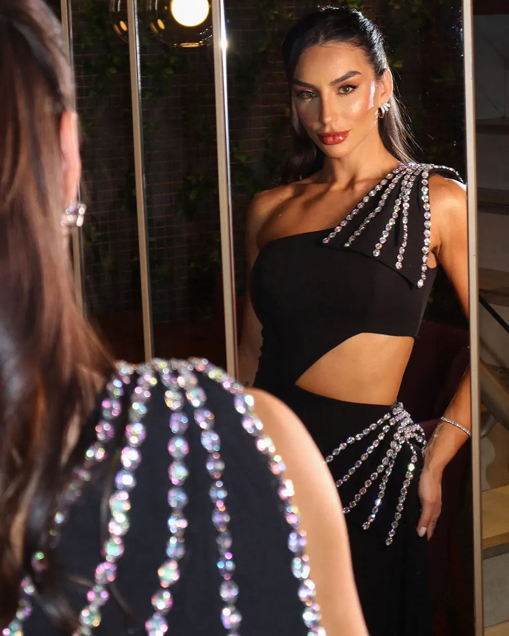 2024 Sexy Women's Light Luxury Nail Diamond Bandage Dress One Shoulder Slant Neck Bodycon Waist Long Dress Evening Party Vestido