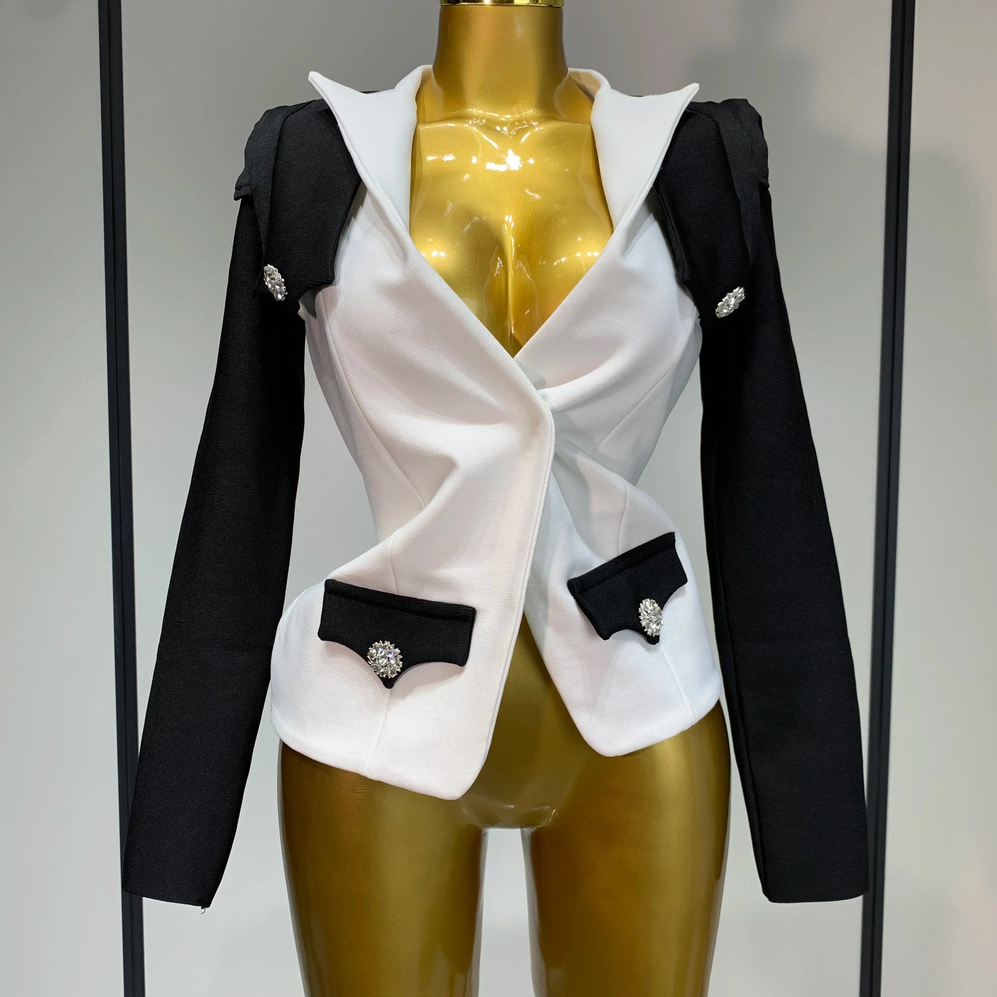 New Designer Fashion Black White Bandage Jacket Two Piece Set Women Slim Fit Diamond Button Suit Jackets Coat