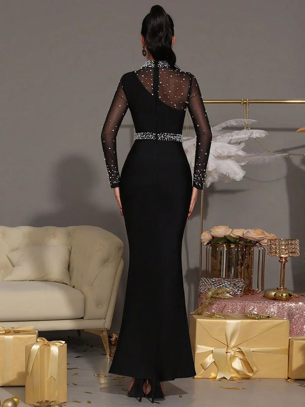 Sexy Women Light Luxury Nail Bead Patchwork Bandage Dress Stand Collar Long Sleeved Bodycon Black Long Dress Party Vestidos