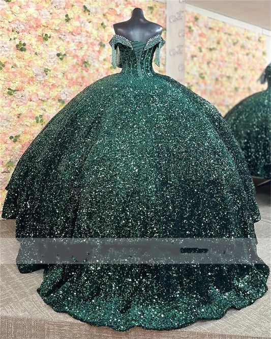 Luxury Green Off-Shoulder Quinceanera Dresses Beading Sequins Shiny Vestidos De 15 Anos Birthday Party Corset