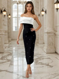4 Colors Women Sexy Strapless Shinning Rhinestones Bodycon Long Bandage Dress Nightclub Party Celebrate Fashion Birthday Outfit WHITE
