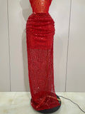 Sparkly Red Rhinestones Sequins Sexy See Through 2PCS Long Dress Women Celebrate Evening Birthday Party Dress Stage Costumes