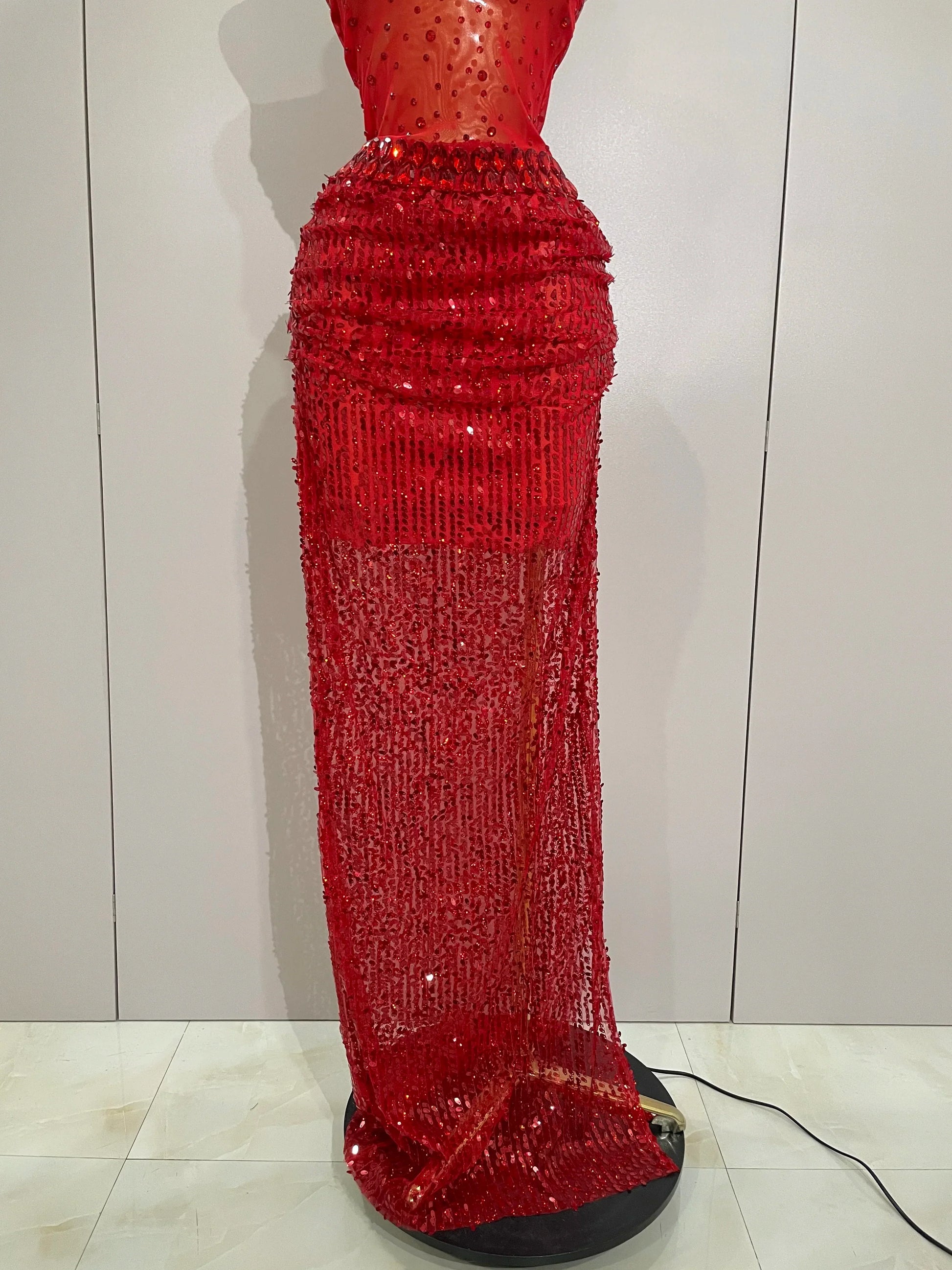 Sparkly Red Rhinestones Sequins Sexy See Through 2PCS Long Dress Women Celebrate Evening Birthday Party Dress Stage Costumes