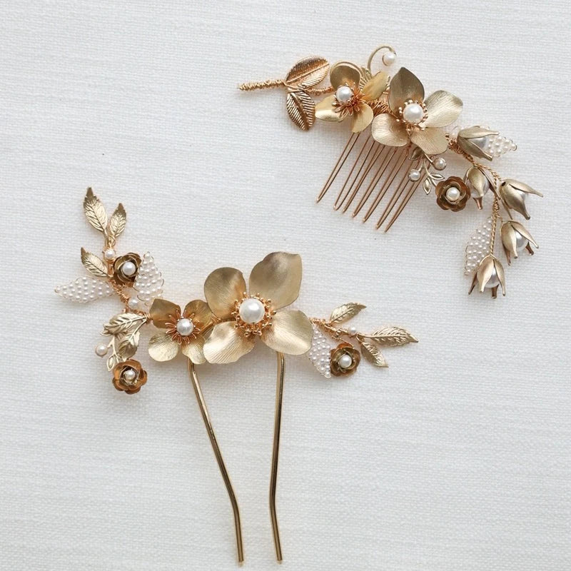 Bridal Jewelry Pearl Hair Comb Pin Clip Leaf Flower Head Piece For Brides Women Vintage Gold Color Hairpin Wedding Accessories c