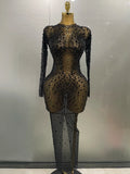 Sexy Shinny Rhinestone Stretch Mesh Transparent Long Dress Women Evening Birthday Party Prom Nightclub Singer Stage Wear black